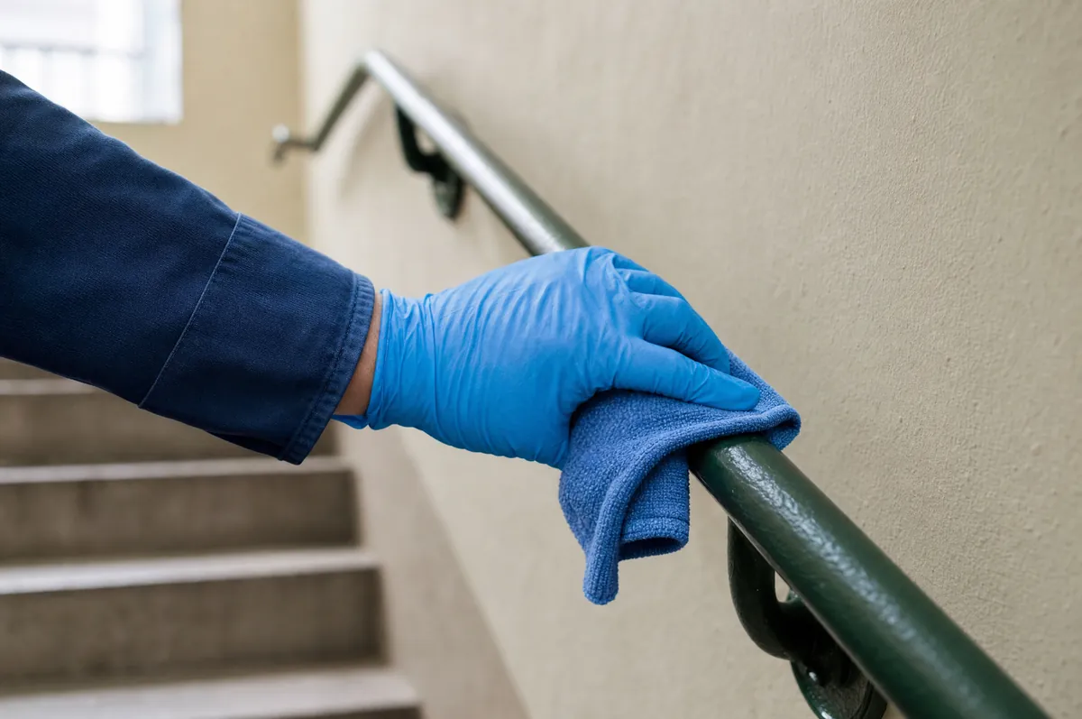 Main courante d'escalier essuyée à la microfibre